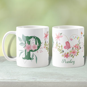 Elegant Watercolor Floral Butterfly Monogram P Coffee Mug