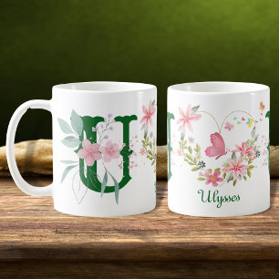 Elegant Watercolor Floral Butterfly Monogram U Coffee Mug
