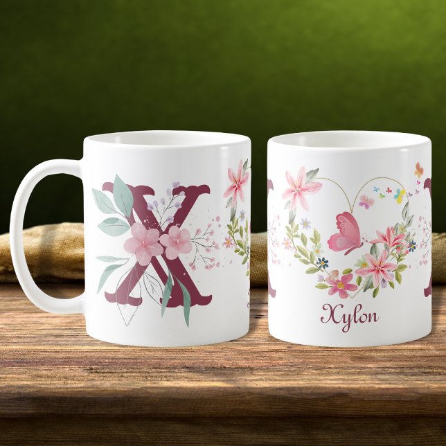 Elegant Watercolor Floral Butterfly Monogram X Coffee Mug (Creator Uploaded)
