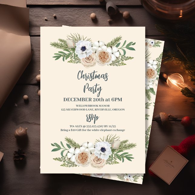 Elegant Watercolor Floral Christmas Party Invitation (Creator Uploaded)