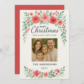 Elegant Watercolor Floral Christmas Photo Card