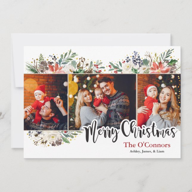 Elegant Watercolor Floral Christmas Photo Card (Front)