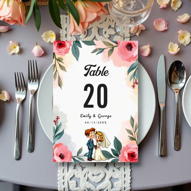 Elegant Watercolor Floral Couple Summer Wedding Table Number (Creator Uploaded)