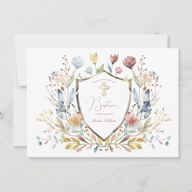 Elegant Watercolor Floral Crest Baptism Invitation (Front)