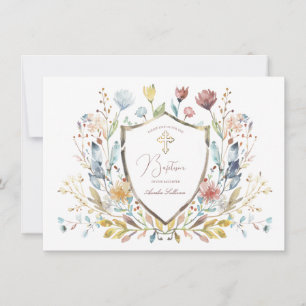 Elegant Watercolor Floral Crest Baptism Invitation