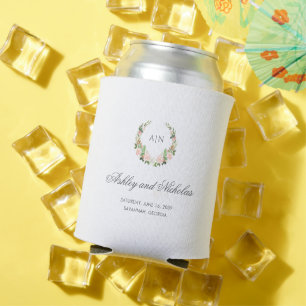 Elegant Watercolor Floral Crest Wedding Can Cooler