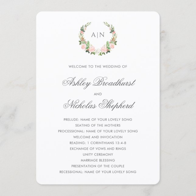 Elegant Watercolor Floral Crest Wedding Program (Front)
