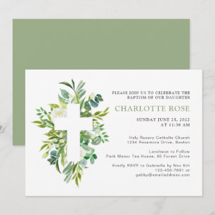 Elegant Watercolor Floral Cross Baptism Invitation