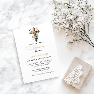 Elegant Watercolor Floral Cross Baptism Invitation