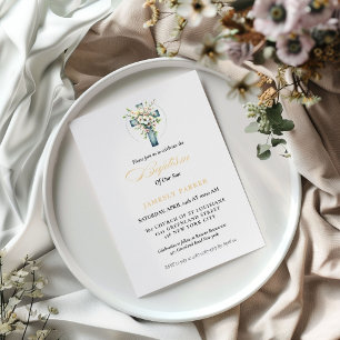 Elegant Watercolor Floral Cross Baptism Invitation