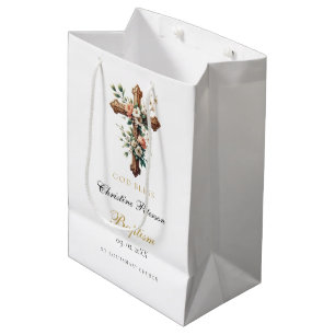 Elegant Watercolor Floral Cross Baptism Medium Gift Bag