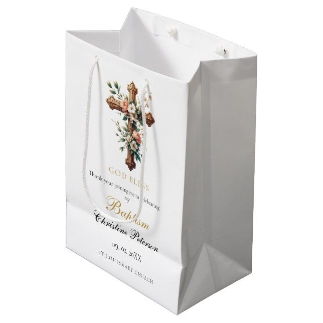 Elegant Watercolor Floral Cross Baptism  Medium Gift Bag (Front Angled)