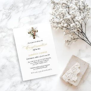 Elegant Watercolor Floral Cross Confirmation Invitation