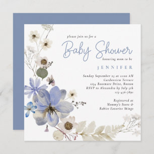 Elegant Watercolor Floral Dusty Blue Baby Shower Invitation