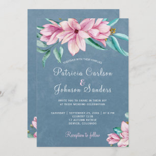 Elegant watercolor floral dusty blue wedding invitation