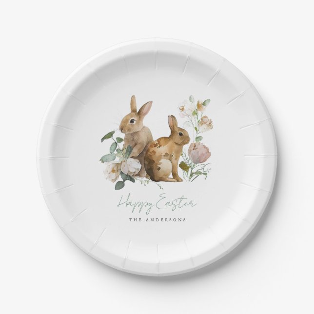 Elegant Watercolor Floral Easter Paper Plate (Front)