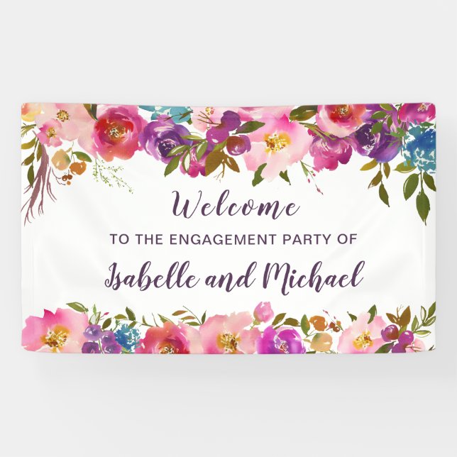 Elegant Watercolor Floral Engagement Party Welcome Banner (Horizontal)