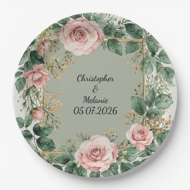 Elegant Watercolor Floral Frame  Paper Plate (Front)
