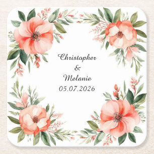 Elegant Watercolor Floral Frame Square Paper Coaster