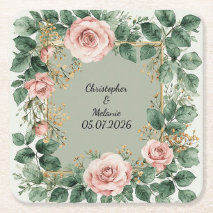 Elegant Watercolor Floral Frame Square Paper Coaster