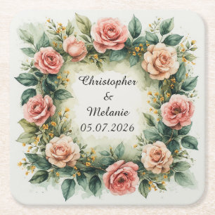 Elegant Watercolor Floral Frame Square Paper Coaster