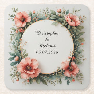 Elegant Watercolor Floral Frame Square Paper Coaster