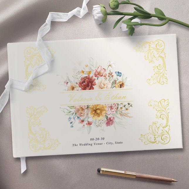 Elegant Watercolor Floral Garden Wedding Gold Guest Book (Elegant Watercolor Floral Garden Wedding Gold.
Personalized couple names guest book for garden wed.)