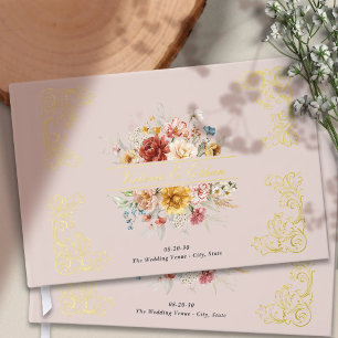 Elegant Watercolor Floral Garden Wedding Gold Guest Book