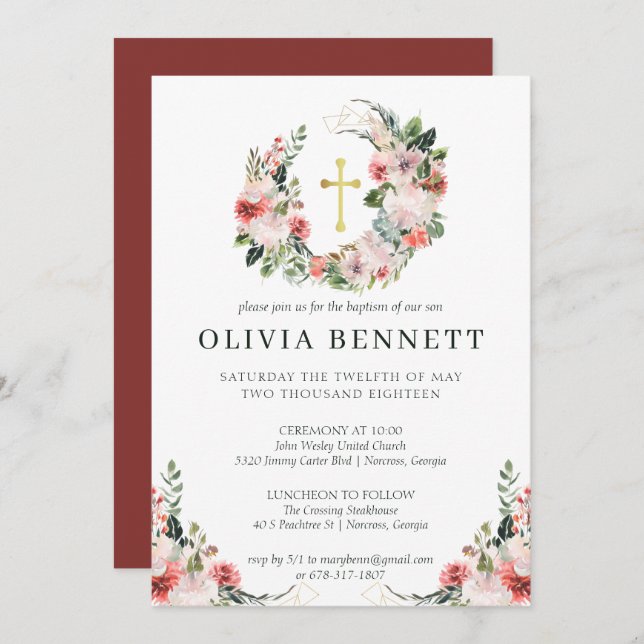 Elegant Watercolor Floral Girl Baptism Invitation (Front/Back)
