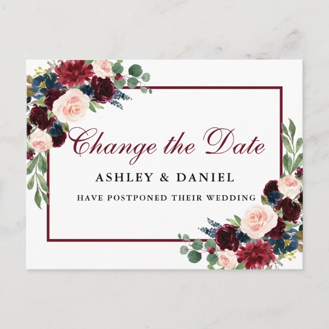 Elegant Watercolor Floral Gold Change The Date Postcard (Front)