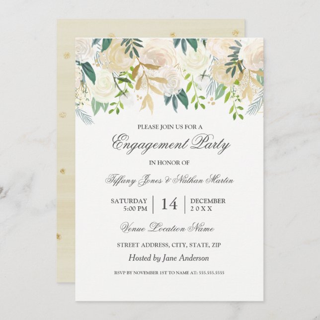 Elegant Watercolor Floral Gold Engagement Party Invitation (Front/Back)