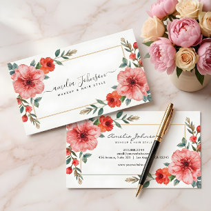 Elegant Watercolor Floral Gold Makeup Artist  Business Card