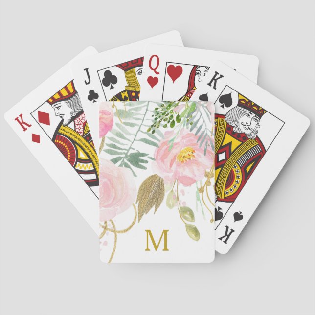 Elegant Watercolor Floral  Gold Monogram  Playing Cards (Back)