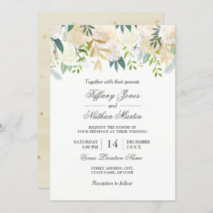 Elegant Watercolor Floral Gold Wedding Invitation