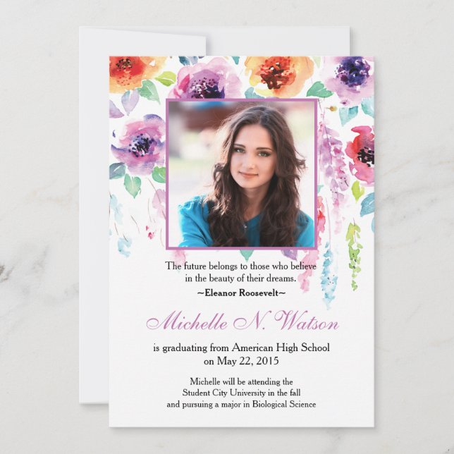 Elegant Watercolor Floral Graduation Announcement (Front)