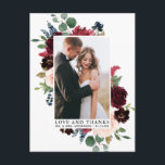 Elegant Watercolor Floral Greenery Love Thanks Postcard<br><div class="desc">Elegant Watercolor Burgundy Pink Floral and Greenery Bride and Groom Love and Thanks Wedding Photo Thank You Postcard includes burgundy and pink roses,  blue flowers,  botanical greenery and eucalyptus leaves.</div>