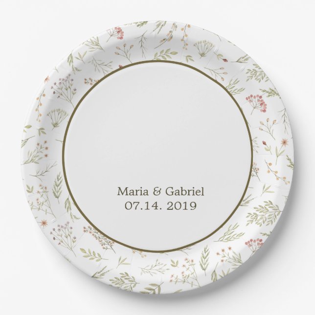 Elegant Watercolor Floral Greenery Paper Plate (Front)
