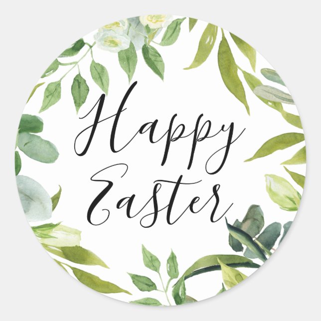 Elegant Watercolor Floral Happy Easter Classic Round Sticker (Front)