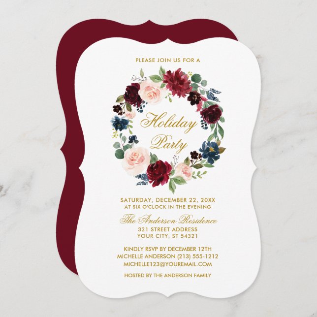 Elegant Watercolor Floral Holiday Party Gold BR Invitation (Front/Back)