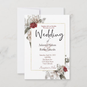 Elegant watercolor floral in red and mist wedding invitation