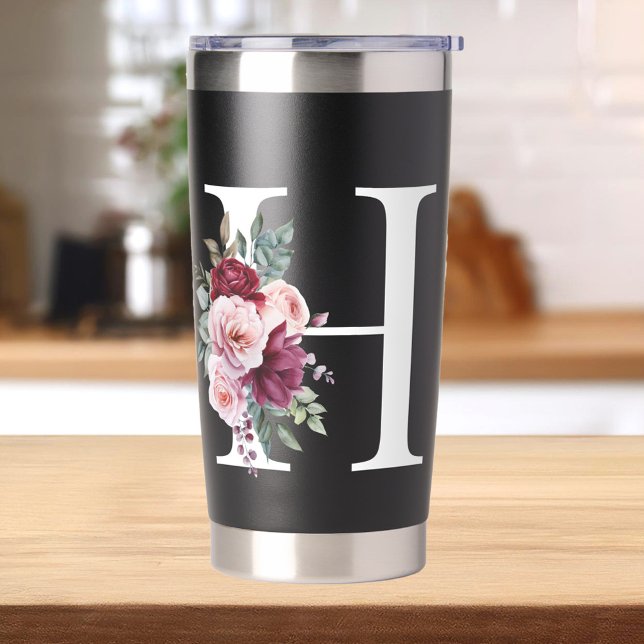 Elegant Watercolor Floral Initial Name Monogram Insulated Tumbler (Creator Uploaded)