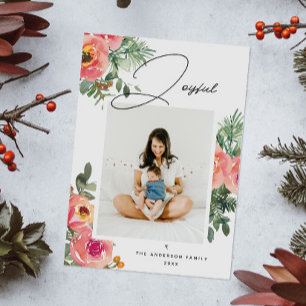 Elegant Watercolor Floral   Joyful Christmas Photo Holiday Card