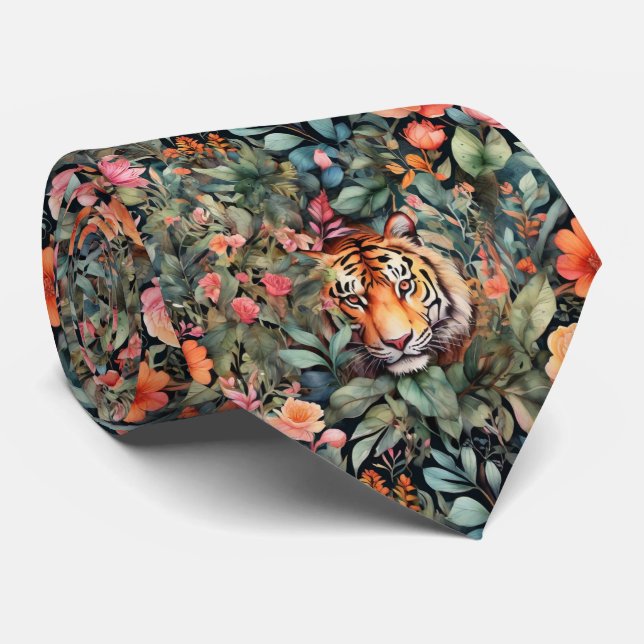 Elegant watercolor floral jungle and tiger  tie (Rolled)
