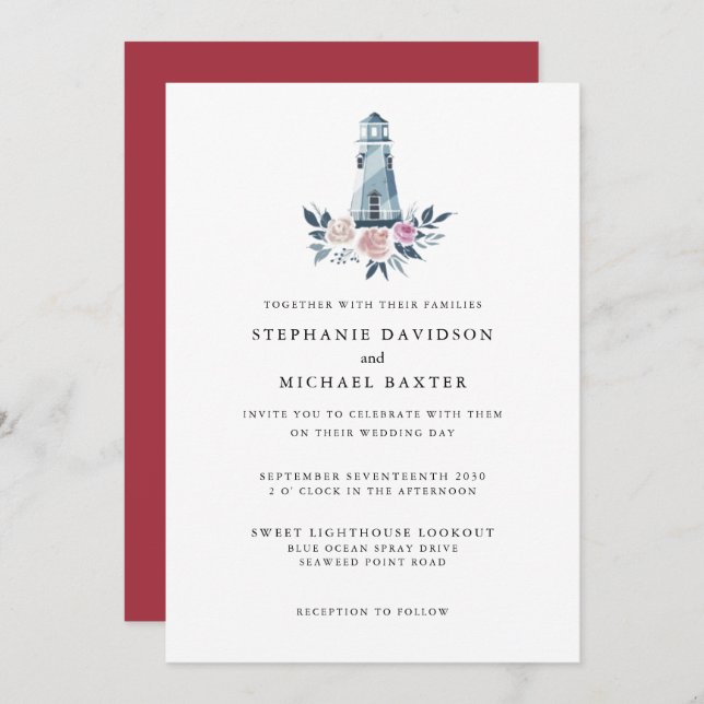 Elegant Watercolor Floral Lighthouse Nautical Invitation (Front/Back)