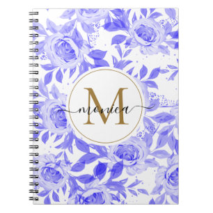 Elegant Watercolor Floral Monogram Cobalt Blue Notebook