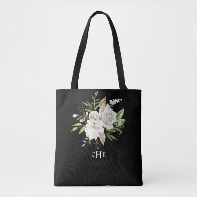 Elegant Watercolor Floral Monogram on Black Tote Bag (Front)