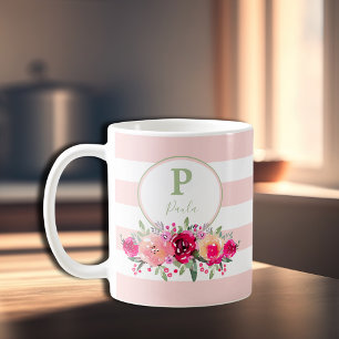 Elegant Watercolor Floral Monogram on Pink Stripes Coffee Mug
