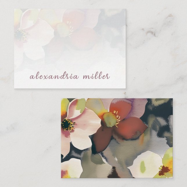 Elegant Watercolor Floral Note Card with Name (Front/Back)