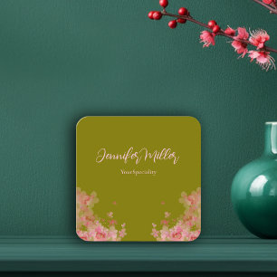 Elegant watercolor floral olive green  square business card