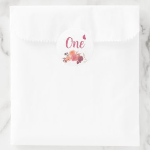Elegant Watercolor Floral One 1st Birthday Classic Round Sticker